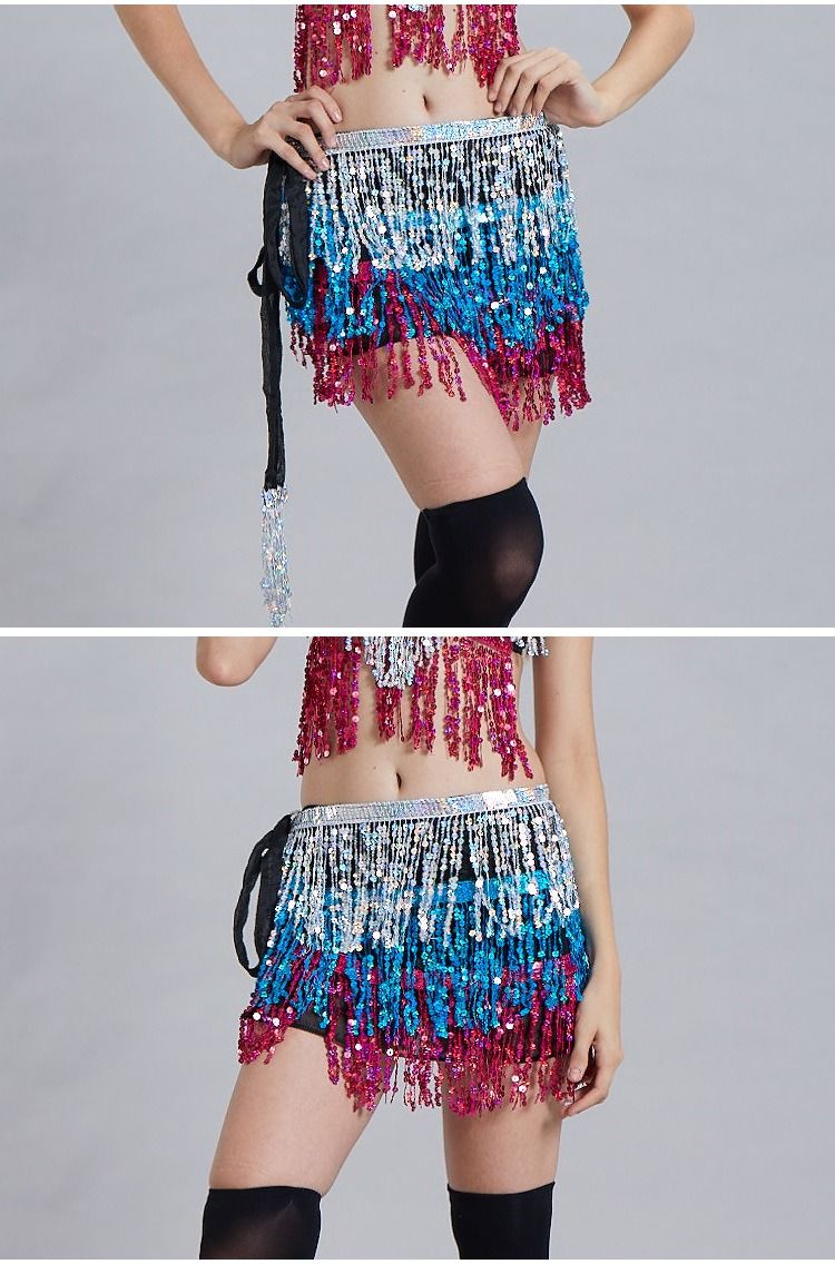 Chaîne de taille pour danse du ventre d'Halloween, serviette de hanche indienne, serviette de hanche à franges à paillettes bohème, costume de scène DS Performance_voghion.com