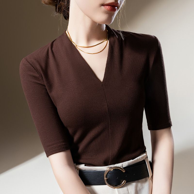 Maglietta da donna a maniche lunghe, a coste, tinta unita, stile europeo, elegante, con scollo a V profondo, modello 2025, con vita stretta_voghion.com