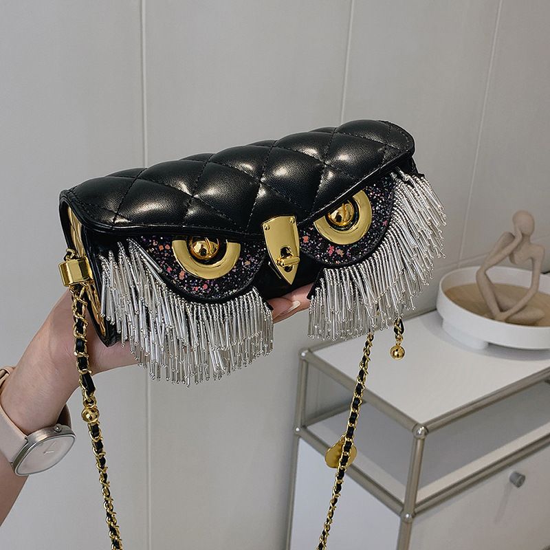 Borsa a tracolla rotonda piccola con tracolla a forma di gufo divertente, nuova moda, con nappa, trapuntata, a forma di cilindro e catena da donna_voghion.com