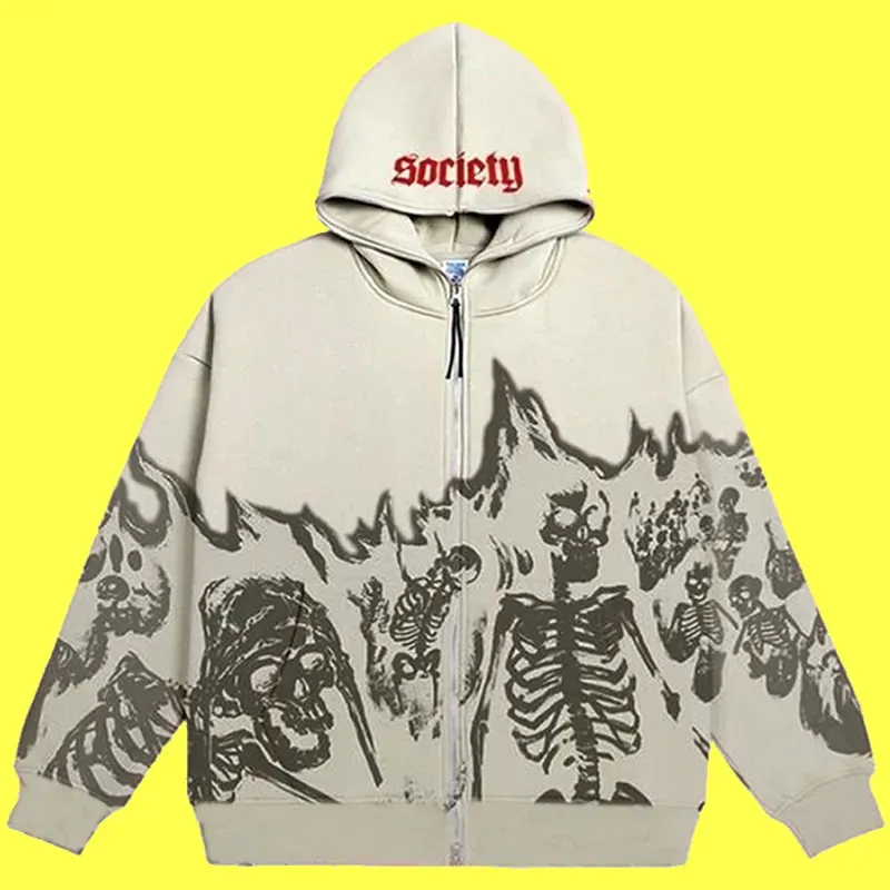 Felpa con cappuccio vintage con teschio, felpa con cappuccio con cerniera, felpa oversize grunge, top gotici, giacche alternative Haruku, abbigliamento streetwear da uomo Y2K Emo_voghion.com