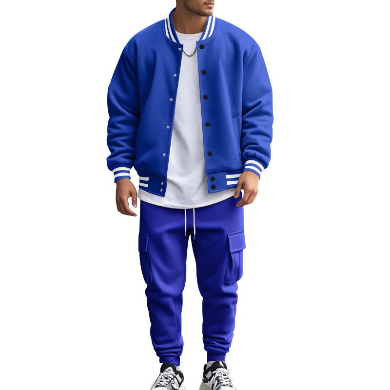 Autumn Winter American Style Stand Collar Baseball Jacket With Fleece Lined Pants Loose Fit Men's Sports Suit_voghion.com