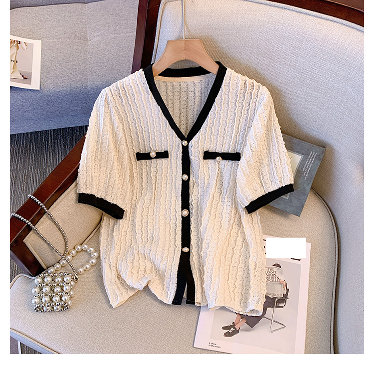 women's Clothing Fat Mm Summer Wear V-neck Jacquard Hollow Cardigan Top A-line Skirt Small Style Meat-covering Two-piece Suit_voghion.com