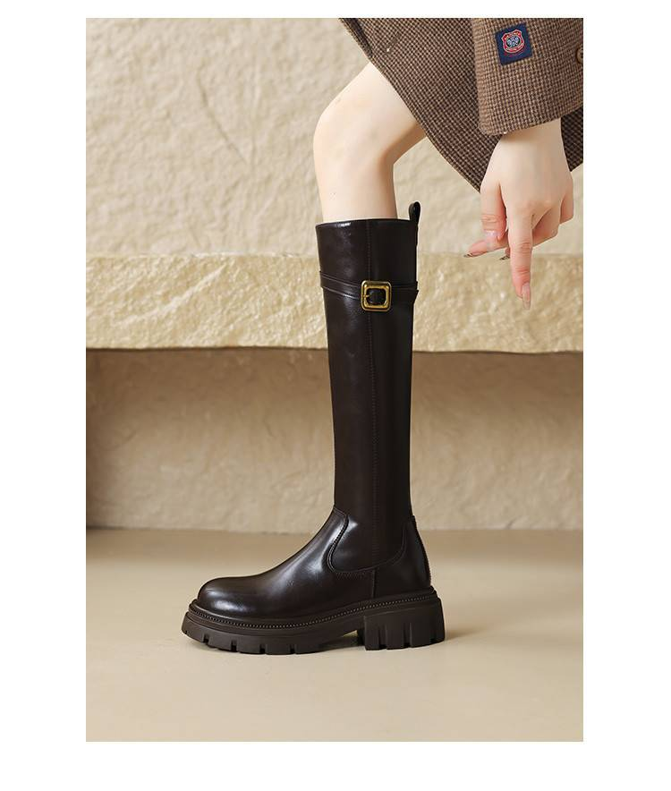 Cameido Women's high thick-soled long boots with fleece lining and belt buckles, knight boots that don't go over the knees._voghion.com