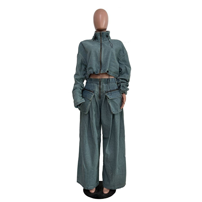 Dameskleding Mode Losse Casual Korte Jas Wijde Pijpen Broek Denim Pak Dames Tweedelig Pak_voghion.com