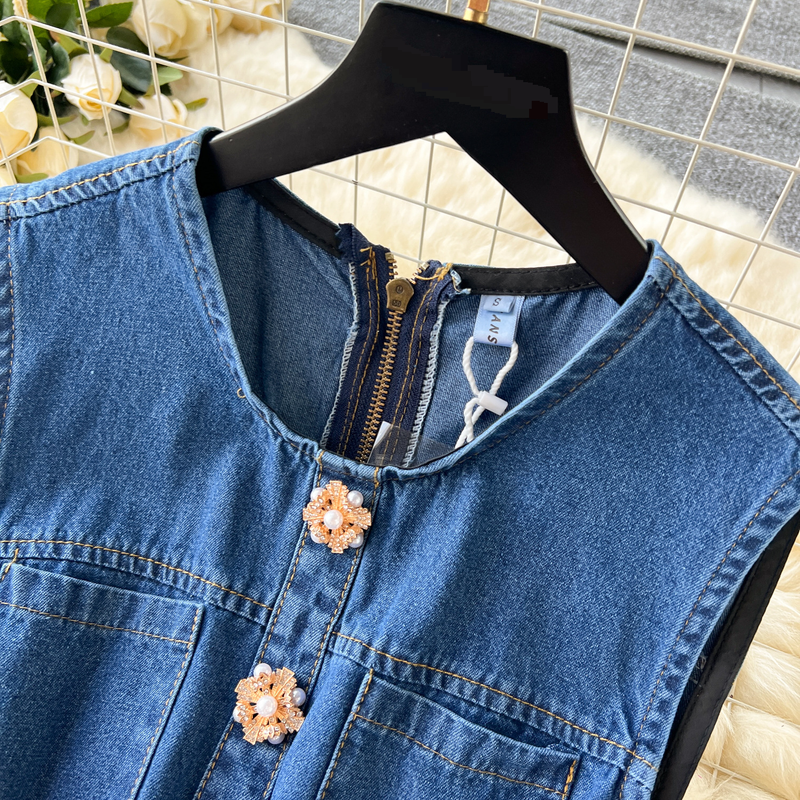 Dameskleding Mouwloos vest Denim rok Taille afslankend Zwaar kralen enkelrijs geplooide jurk_voghion.com