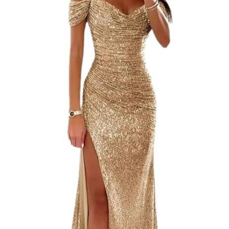 Vestido de noche de mujer nuevo con lentejuelas y un hombro al descubierto, vestido de noche sexy con abertura grande y escote en V_voghion.com