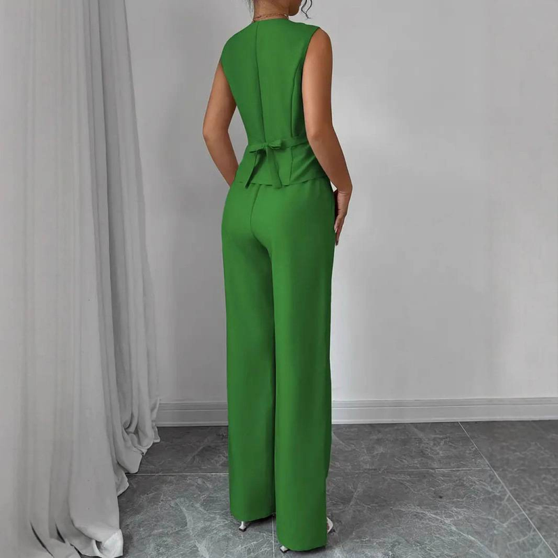 Elegante completo da donna con gilet e pantaloni senza maniche in tinta unita - Misto poliestere traspirante, antipiega, adatto per ufficio e casual (S/M/L/XL)_voghion.com
