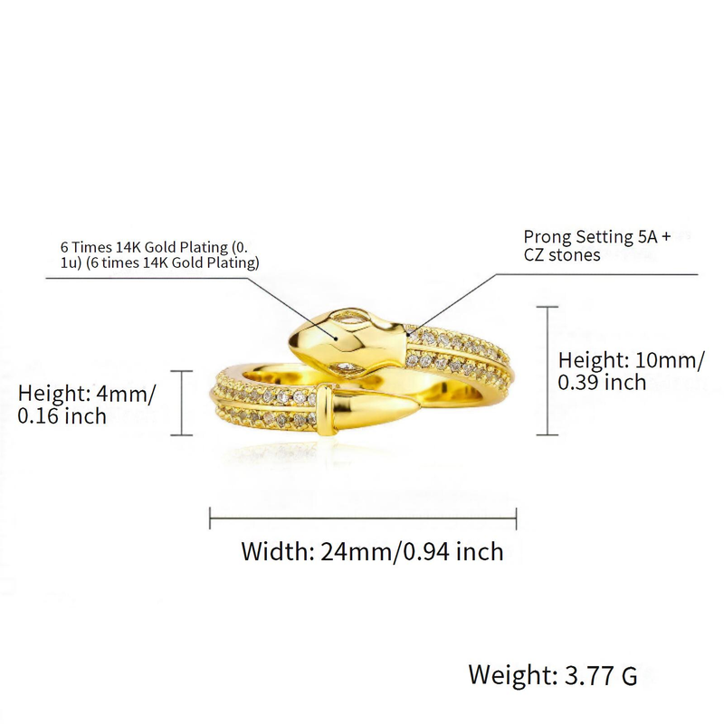 Anillos Anillo abierto Chapado en cobre Oro de 14 quilates Zircon Personalidad Anillo con forma de serpiente de ojos blancos Lote femenino_voghion.com