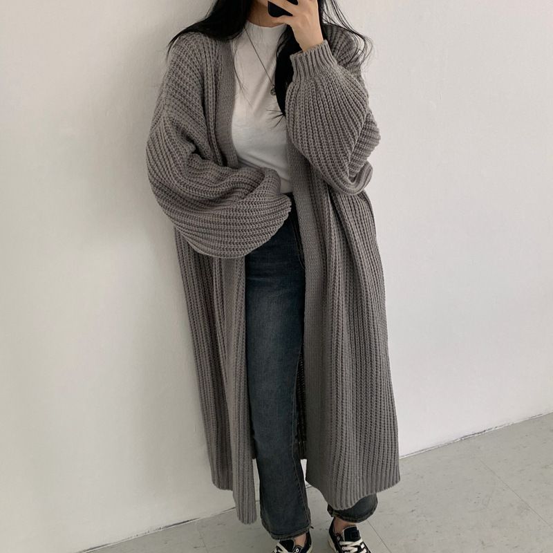 Cardigan en tricot oversize à col en V pour femme, pull ouvert à manches longues, style décontracté coréen (gris, noir, beige, taille unique)_voghion.com