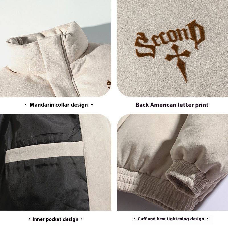 Men's Suede Collar Quilted Jacket – Gothic Letter Print Winter Coat, Retro Loose Fit Zip-Up Outerwear_voghion.com