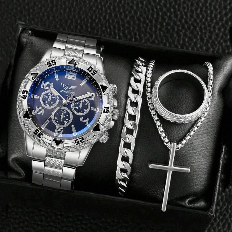 Men's Casual Stainless Steel Quartz Watch Set, Includes Necklace, Bracelet, And Ring, With Free Stylish Jewelry Set (Box Not Included)_voghion.com