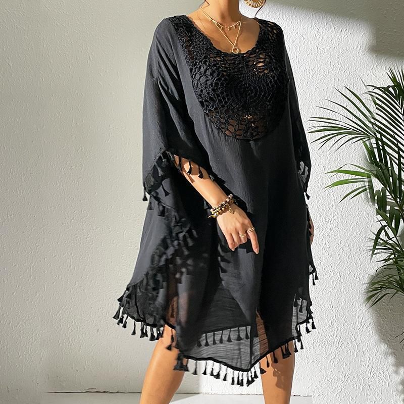 Crochet-Trimmed Polyester Beach Cover-Up – Flowy & Sexy Bikini Wrap For Vacation & Swim (One Size) – Lightweight & Stylish_voghion.com