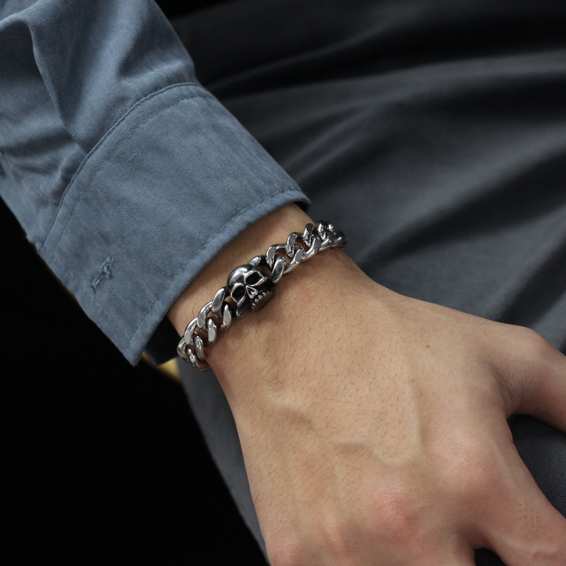 Bracciale in acciaio al titanio versatile, stile punk, alla moda, con catena cubana, teschio da strada, accessori, personalità, gioielli da uomo_voghion.com