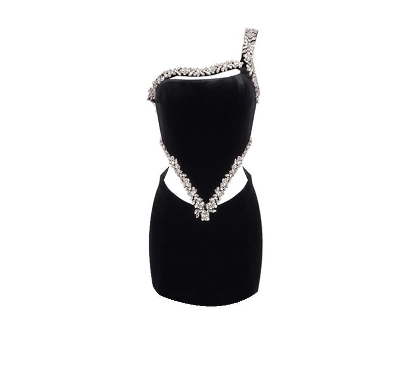 Elegante abito nero con fasciatura e dettagli in strass - Abito corto aderente senza maniche per le donne_voghion.com