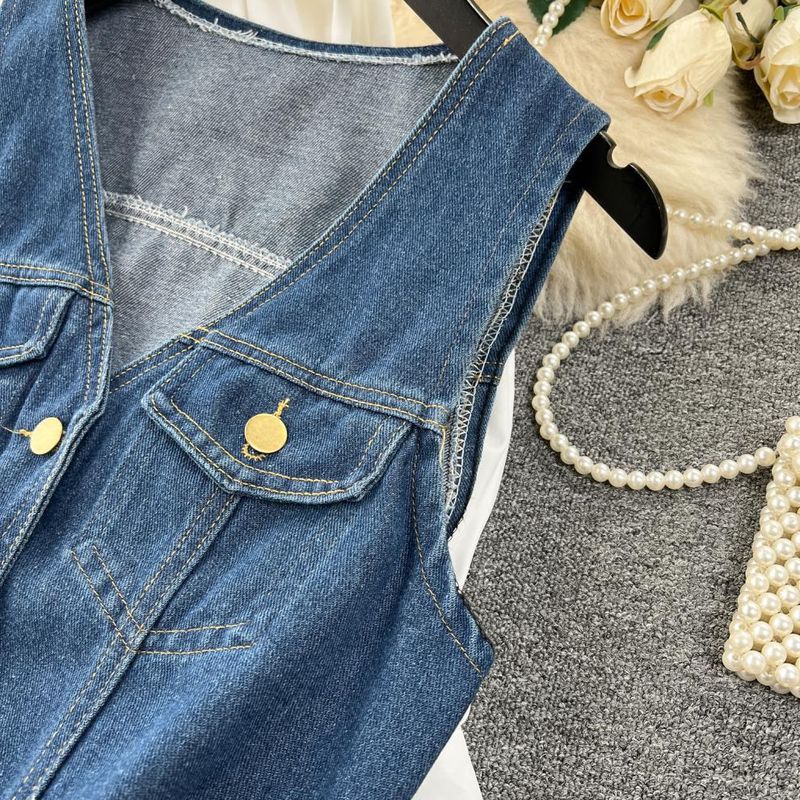 Abbigliamento da donna, abito a strati con design a due pezzi, abito camicia con maniche a sbuffo + gilet in denim_voghion.com