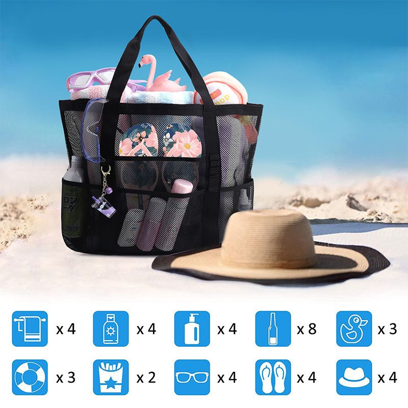 Borsa da spiaggia in rete Borsa da spiaggia con 8 tasche Borsa da bagno Borsa porta giocattoli Borsa cava in rete di grande capacità_voghion.com