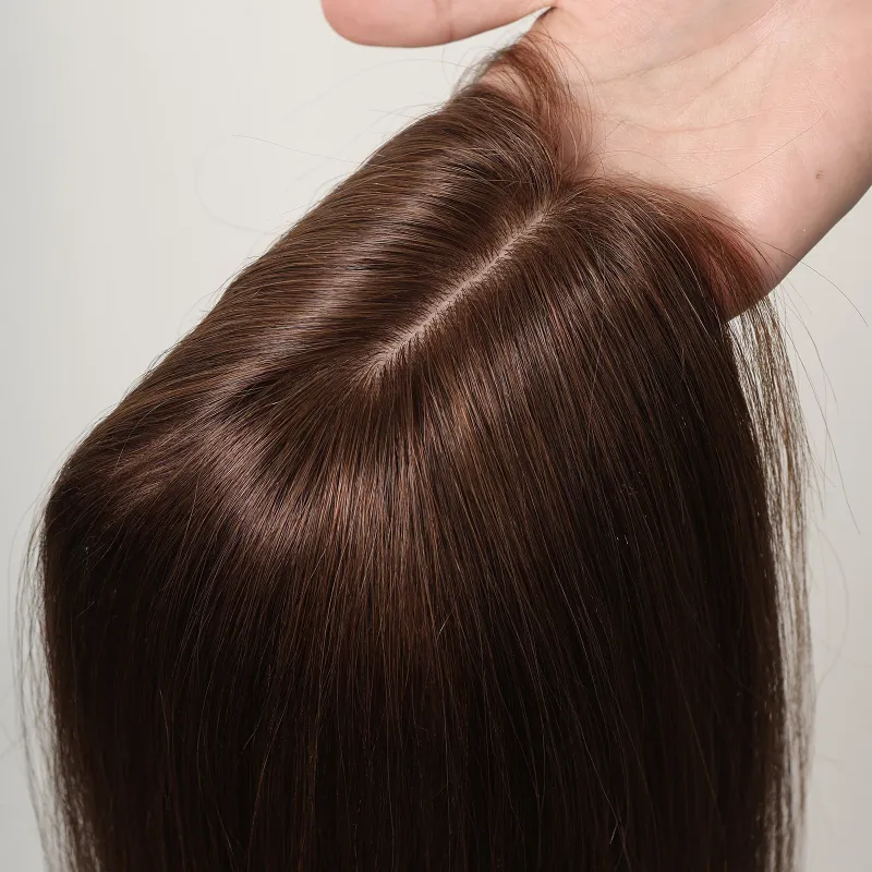 Topper per capelli umani da donna per capelli diradati, clip per toupee marrone, base in seta per capelli veri, riga centrale da 12 pollici_voghion.com