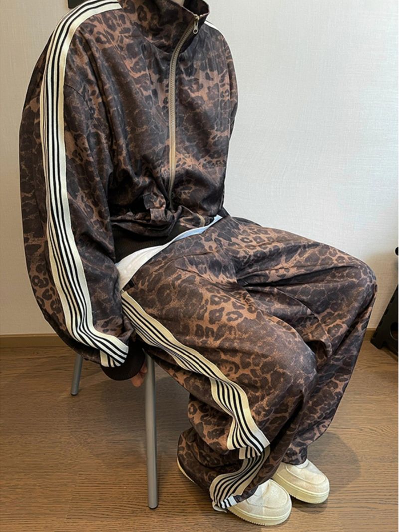 Men's Clothing Retro Leopard Print Sports Suit Jacket Trendy Brand Men's Vintage Digital Print Striped Jacket Sweatpants_voghion.com
