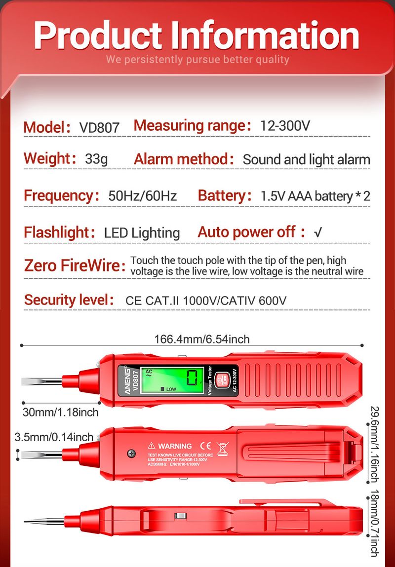 ANENG VD807 Smart Induction Tester Pen AC 12-300V Voltage Tester NCV Sensor Wire Detector 50/60Hz Professional Electrician Tool_voghion.com