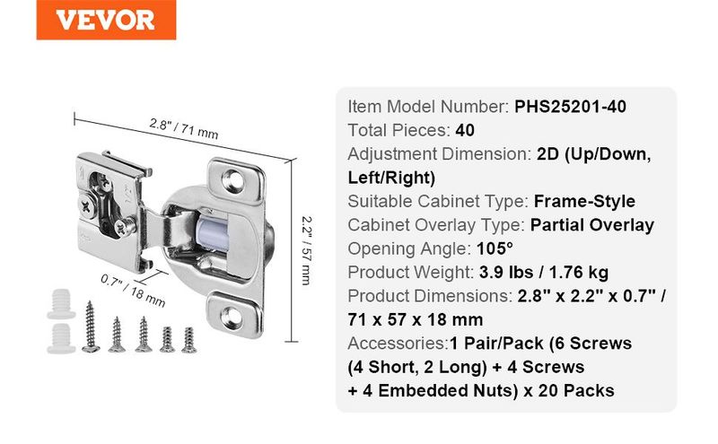 VEVOR Cabinet Door Hinges 40 Packs Partial Overlay Soft Close For Framed Type_voghion.com
