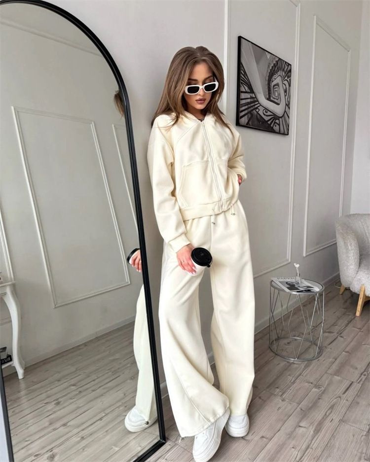 Lässiges Sportbekleidungsset für Damen – Langarmjacke mit Reißverschluss vorne und Jogginghose mit elastischem Bund (S–XL, einfarbig, Streetwear-Chic)_voghion.com
