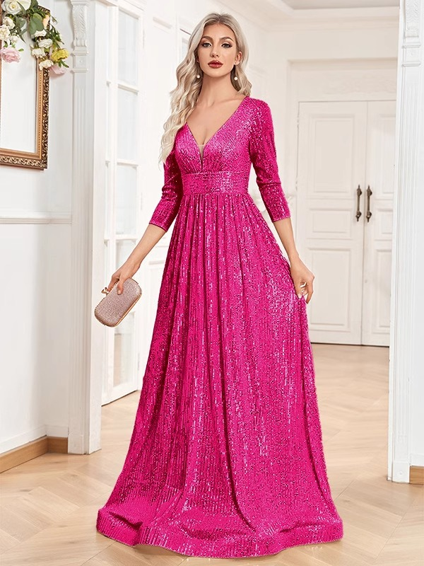 Abendkleid mit Pailletten, großer Schwung, V-Ausschnitt, hohe Taille, Host-Bankettkleid, Abend-Performance-Kleid_voghion.com