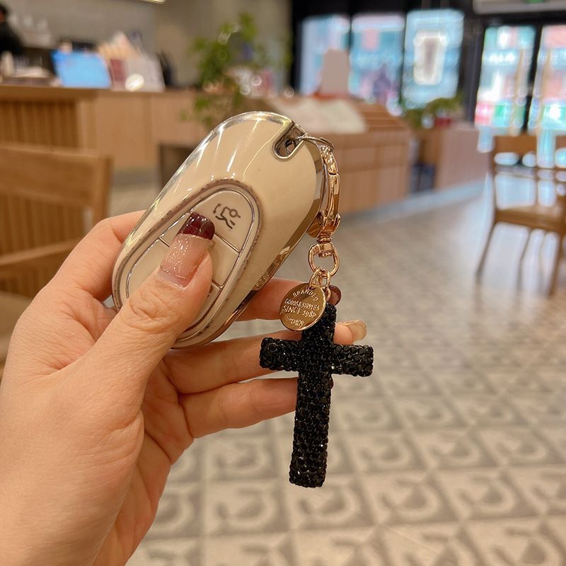 New Ceramic Clay Cross Keychain With Rhinestones, Creative Car Keychain, Unisex Pendant_voghion.com