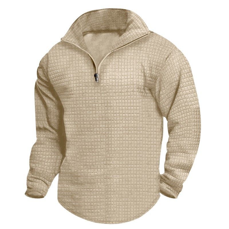 Roupas masculinas com gola alta e zíper, moletom com estampa xadrez pequena, poliéster respirável, leve, confortável, casual, esportivo_voghion.com