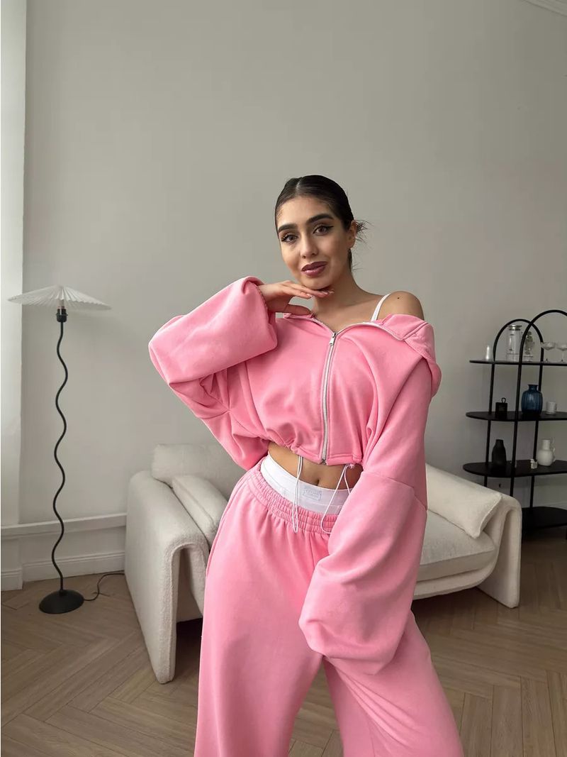 Women's Casual Suit Solid Color Long Sleeved Zipper Cardigan Drawstring Hooded Sweatshirt Sports Elastic Pants Two-piece_voghion.com