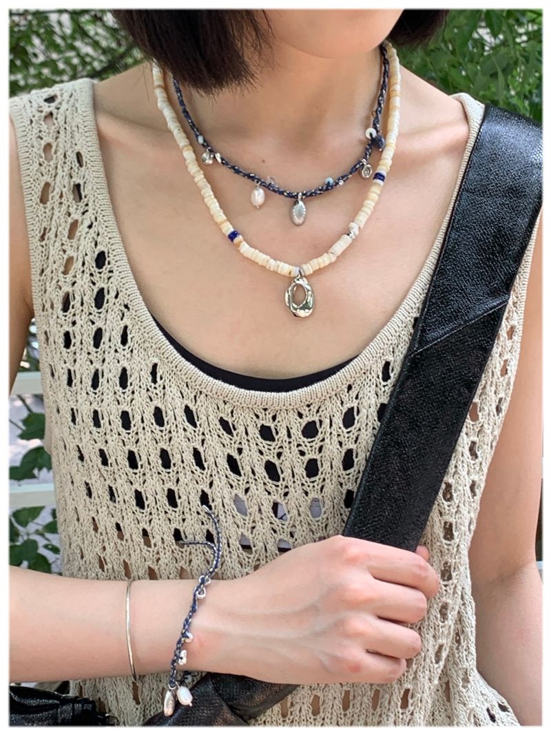 Folded Shell Retro Braided Rope Necklace Niche Design Freshwater Pearl Vacation Wind Stacked Collarbone Chain_voghion.com