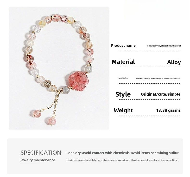 Round Natural Crystal Bracelet Niche Design Fringed Bracelet Strawberry Crystal Cat Claw Bracelet Bracelet Jewelry Gifts_voghion.com