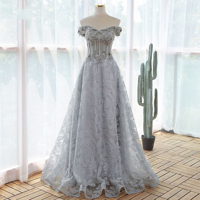 Ein Schulter Grau Abendkleid Spitze Blume Ballkleid Ballkleider_voghion.com