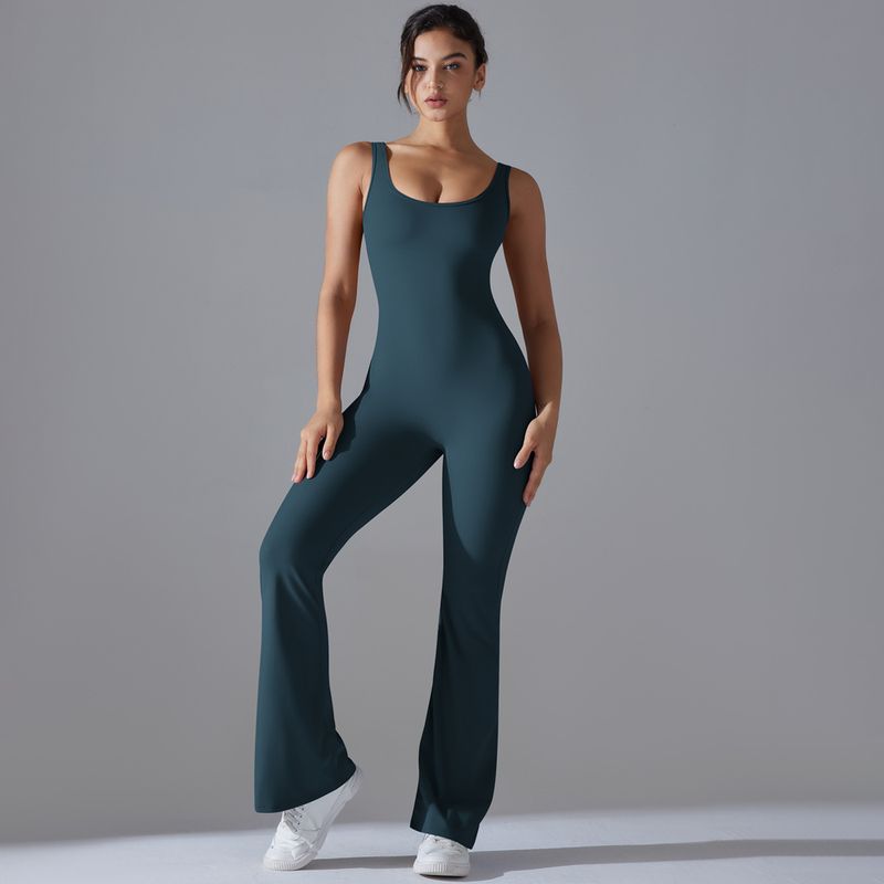 Neuer, einfarbiger, hüfthebender, langer, schmal geschnittener Jumpsuit mit weitem Bein für Sport, Laufen, Fitness und Yoga_voghion.com
