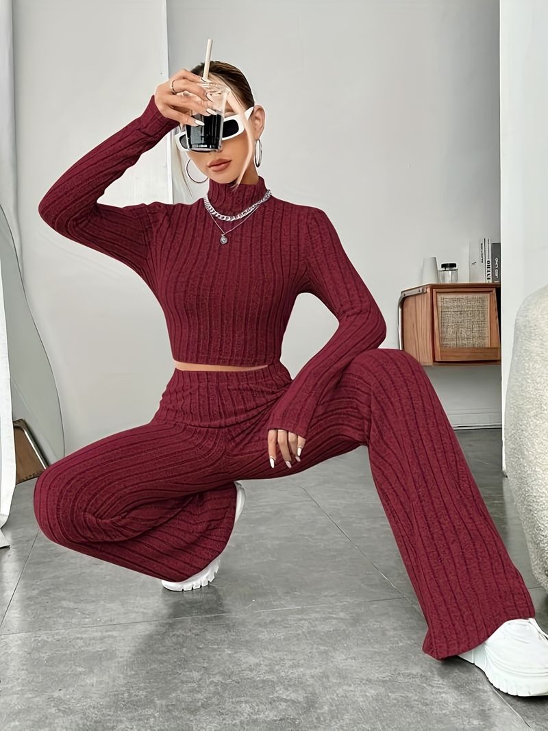 Women's tight fashion solid color pit strip set long sleeve sweater base_voghion.com