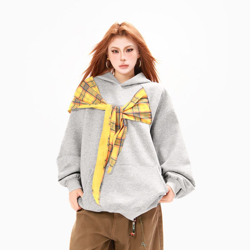 Felpa con cappuccio patchwork a quadri con lacci e farfalle, stile americano, marchio alla moda da uomo, design casual e ampio_voghion.com