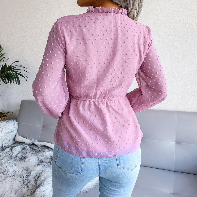 2024 Spring Summer Lantern Long Sleeve Ruffle Tie Waist Polka Dot Chiffon Blouse Women's Fashion_voghion.com