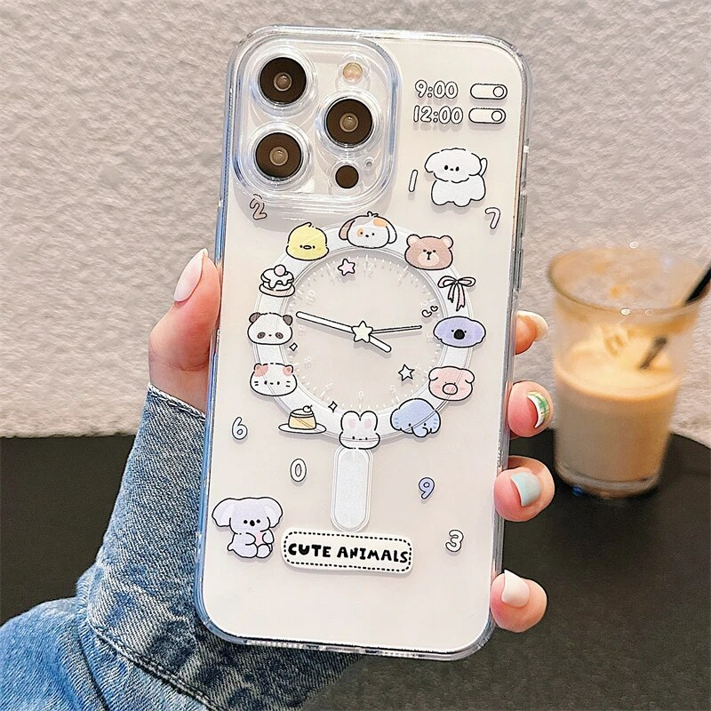 Cute Cartoon Animal Dog Cat Clear Phone Case For IPhone 11 12 13 14 15 16 Pro Max Plus Wireless Charging Magnetic Cover_voghion.com
