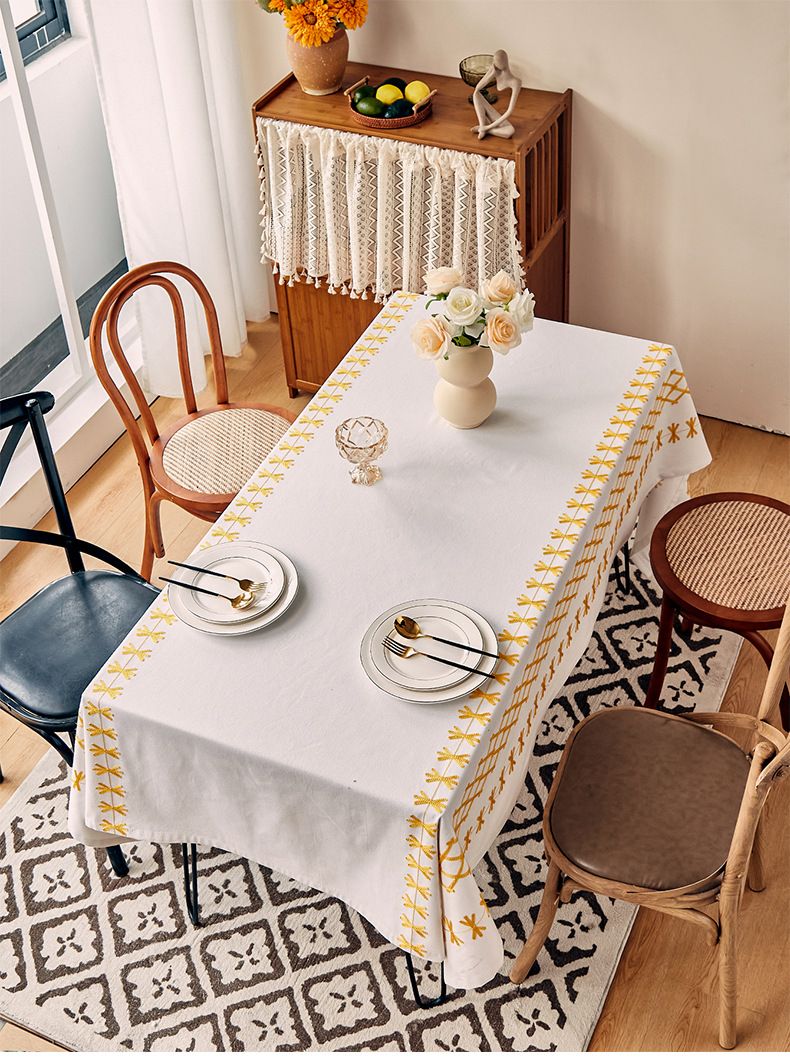Tablecloth Yellow - Polycotton Embroidered With Cross/Arrow, Heat-Resistant & Wrinkle-Free, For Dining Table, Coffee Table Or Dorm Decor_voghion.com