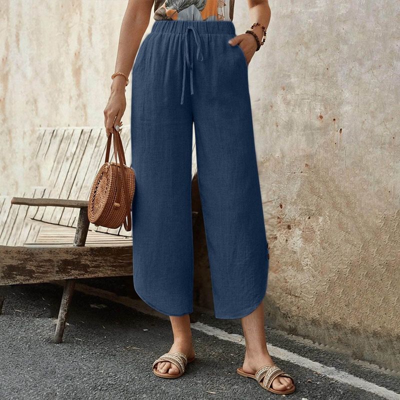 Women's High Waist Wide Leg Pants - Casual Summer Linen Blend Elastic Waist Straight Leg Trousers_voghion.com