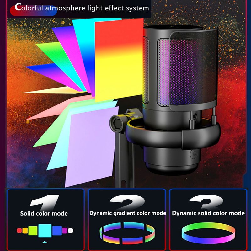 USB mikrofon za snemanje in pretakanje na računalniku, izhod za slušalke in gumb za izklop zvoka na dotik, mikrofon s 3 RGB načini_voghion.com