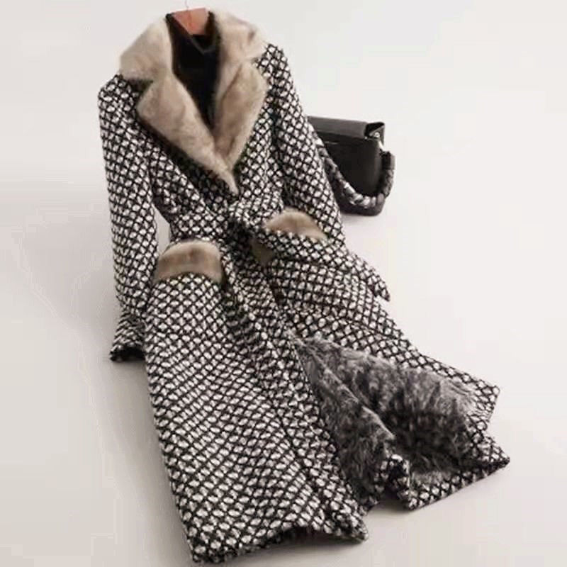 Vêtements d'hiver en tweed pour femmes, manteau une pièce en fourrure, manteau en laine mi-long pour femmes_voghion.com