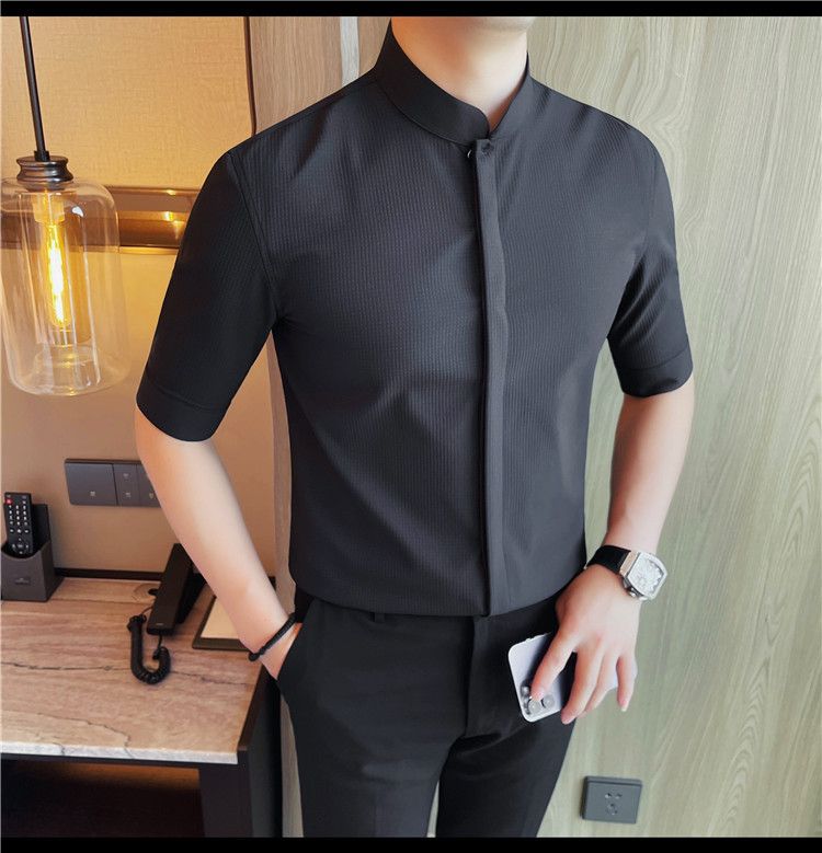 Douyin fornisce camicie da uomo a maniche lunghe, slim fit, con colletto alto, a maniche lunghe, con bottoni nascosti, nuove camicie estive._voghion.com