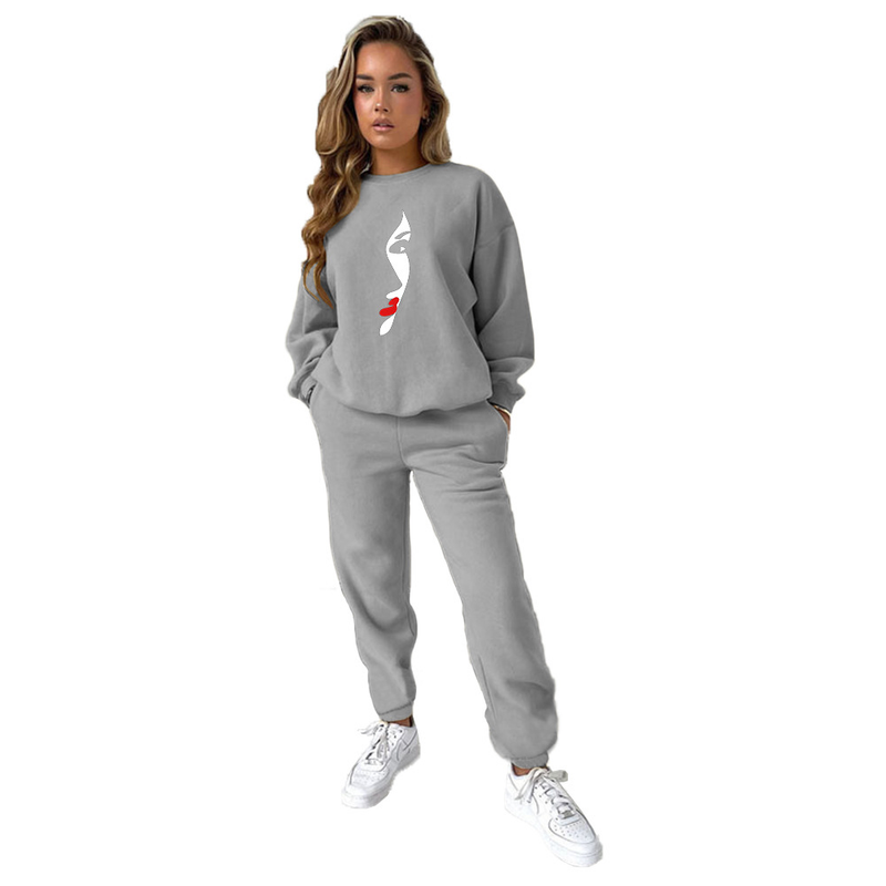 Zweiteiliges Damen-Set mit bedrucktem Kapuzenpullover und Rundhalsausschnitt_voghion.com