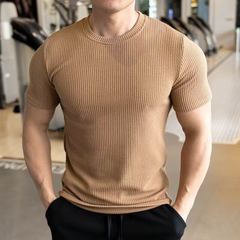 Men's Short-sleeved T-shirt Summer New Slim-fit Business Casual Fashion Versatile High-end Striped Crew Neck Bottoming Shirt_voghion.com