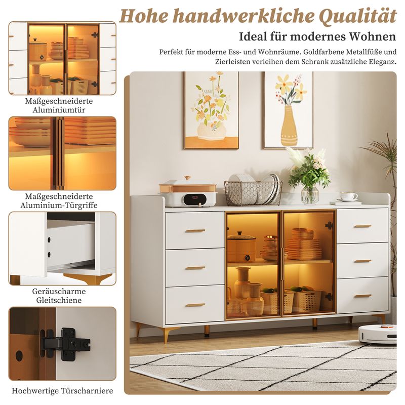 Küchenschrank Weiß 160x87cm, 6 Schubladen, Glastüren, LED-Beleuchtung, Goldgriffe_voghion.com