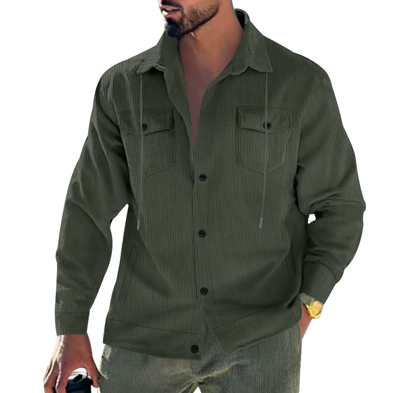 Adatto a tutte le stagioni, in vendita autunnali, da uomo, in stile americano, con tasche, in velluto a coste, a maniche lunghe, con colletto rovesciato e ampio risvolto._voghion.com