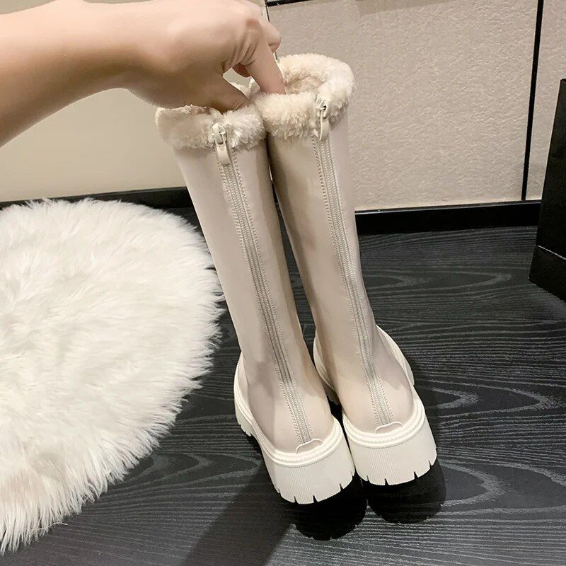New Women's Leather High-top Snow Pile Warm And Comfortable Solid Color Boots, Fashion Boots_voghion.com