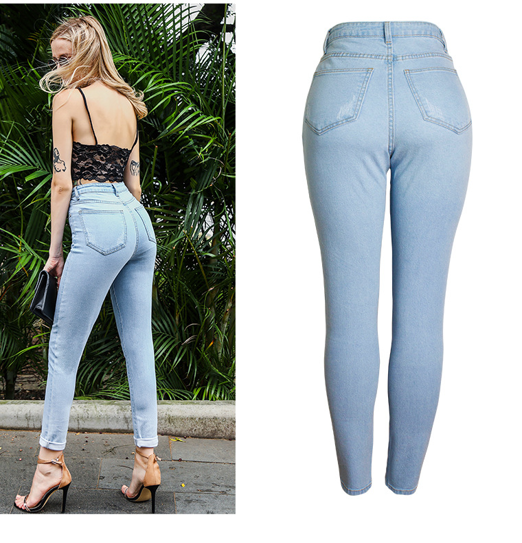 Vêtements pour femmes, pantalon en denim extensible slim taille haute, jean slim délavé de couleur unie_voghion.com