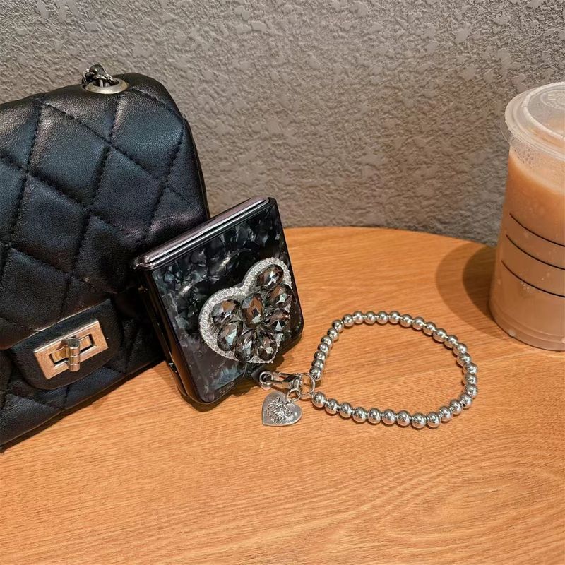 For Oppo Find N2 N3 Flip Luxury Shell Diamond Stone Crystal Heart Holder Stand Wrist Chain Strap Phone Case Cover_voghion.com