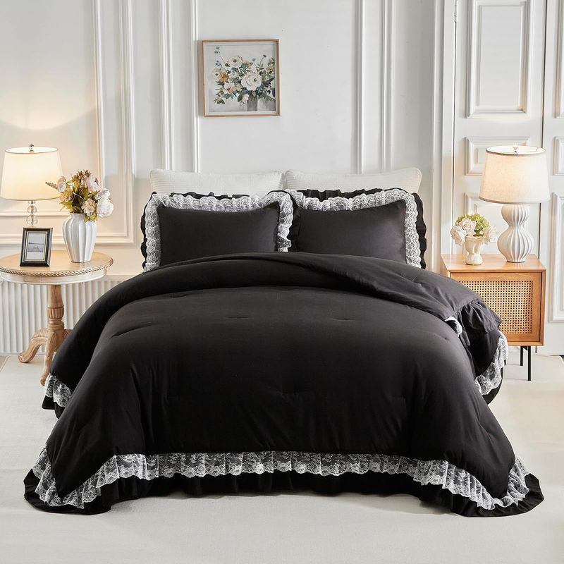 Black Lace Trim Bedding Set - Fluffy Polyester Quilted Comforter With Duvet Cover & Pillowcases - Elegant & Romantic Home Decor_voghion.com